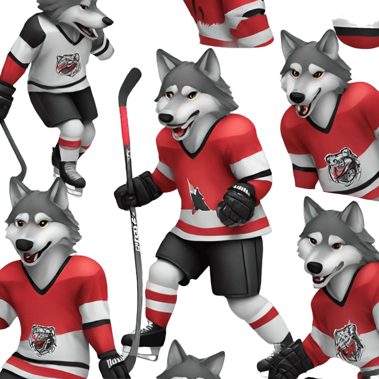 A wolf in a red black and white hockey uniform with a wolf emblem is playing hockey emoji