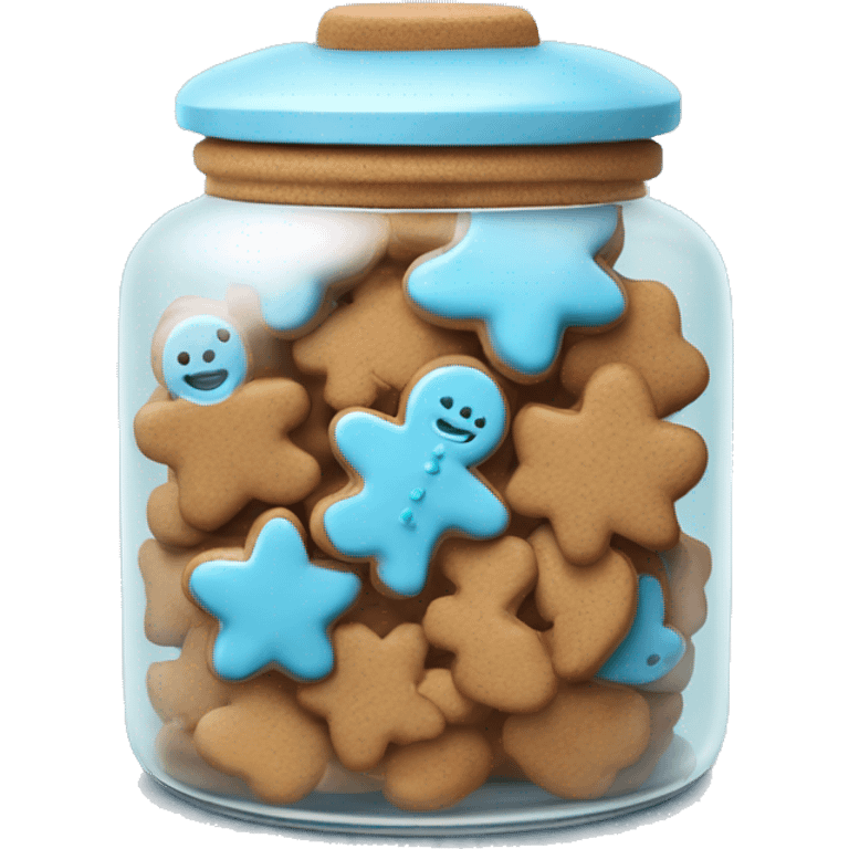 Realistic glass cookie jar with light blue lid full of gingerbread cookies isolated.  emoji