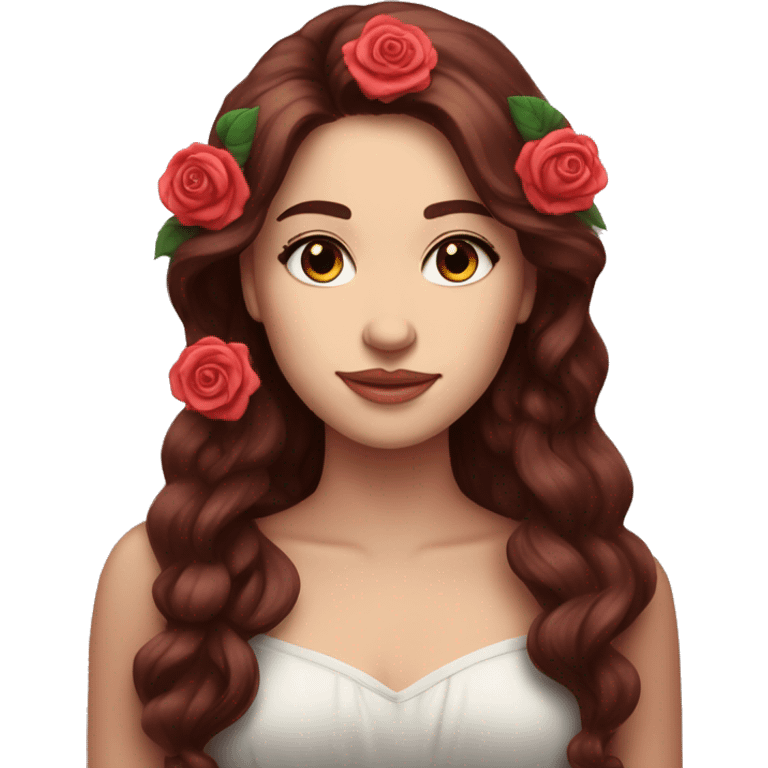 Beautiful, rose, red, flowers in hair, long dark brown hair, white fair skin emoji