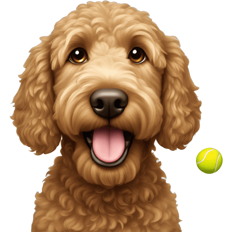 Brown golden doodle with tennis ball emoji