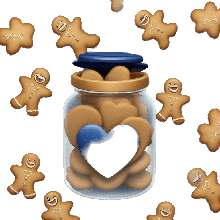 Single Realistic glass cookie jar with navy blue lid and heart shaped gingerbread cookies inside of it. emoji