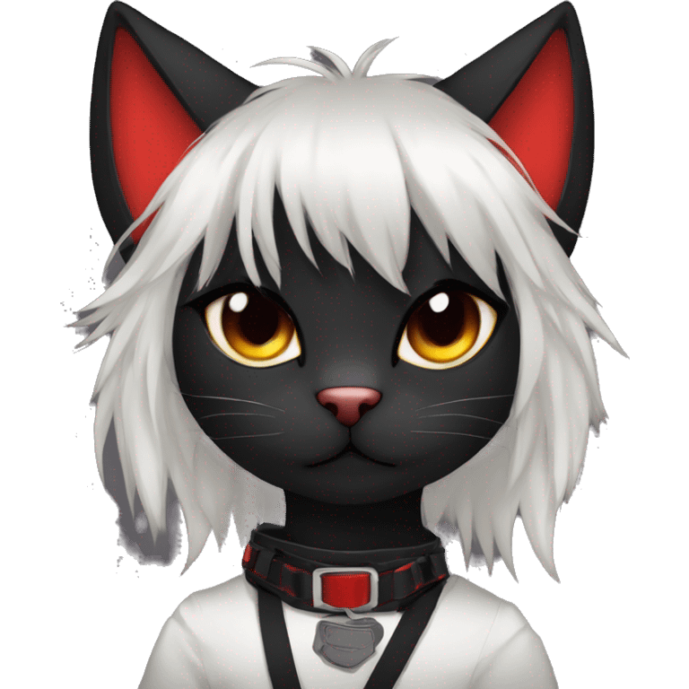 Anthro Edgy Cool Beautiful Black Cat-Fursona with Emo Hair-bangs with Red Streaks Chest Harness emoji