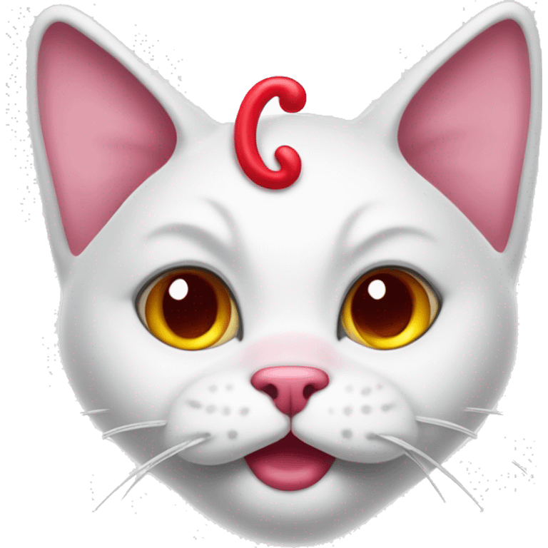 A white cartoon cat with a red bow on its left ear, looking unwell., disgusting a pink liquid out of his mouth emoji