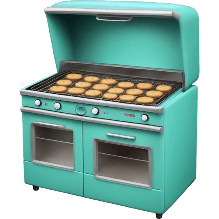 Realistic vintage tiffany blue oven with cookies baking inside of it. emoji