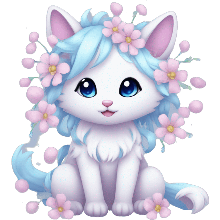 Anthro Cute Cool Pastel Innocent Shy Kawaii gorgeous sparkly ethereal fantasy animal creature with blue eyes furry sona with flowers and ribbons beautiful aesthetic emoji