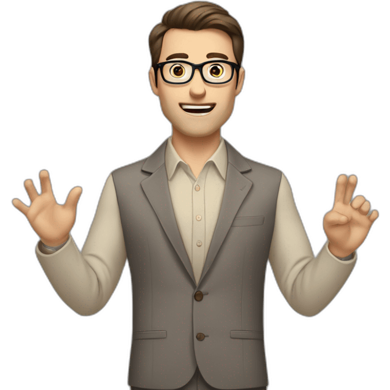 To belt Actively gesturing with hands Pale skinned fit man with dark brown hair in gray jacket, beige office shirt, brown tie, brown pants and vintage glasses. emoji