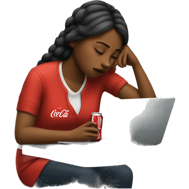 tired girl with laptop drinking coca-cola emoji