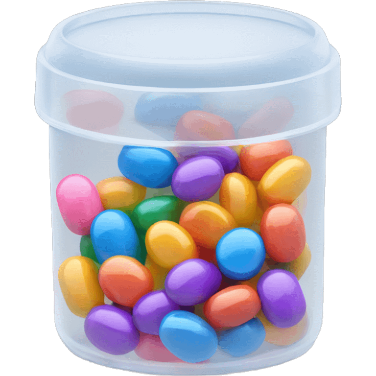 Small translucent plastic container with colorful pills inside emoji