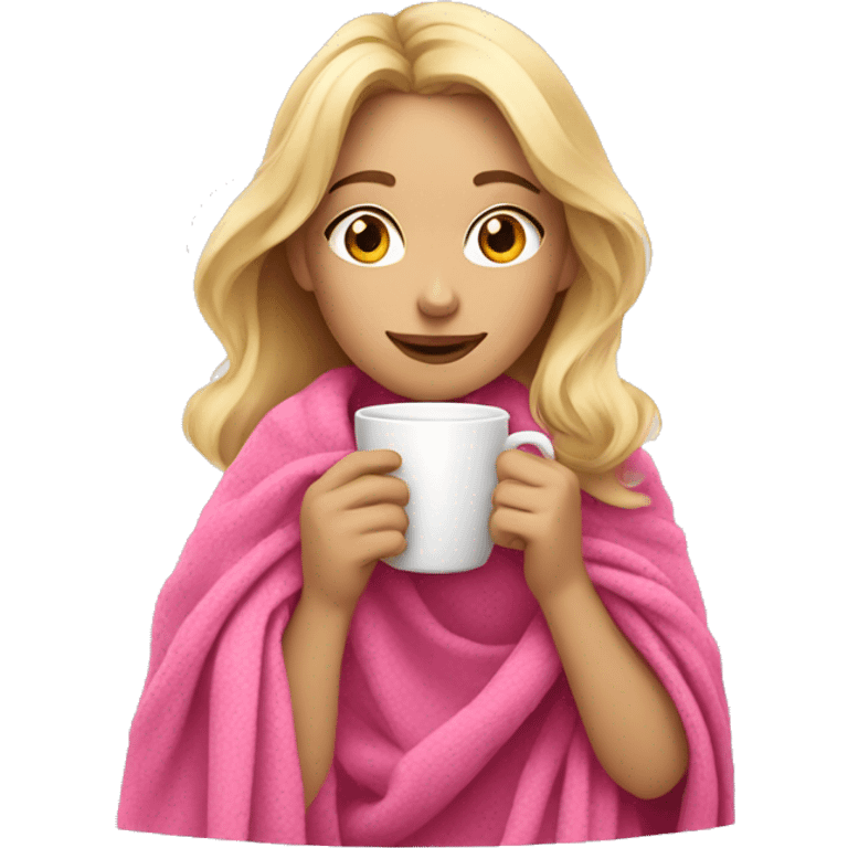 a blonde girl drinking coffee with a pink blanket around her shoulders emoji