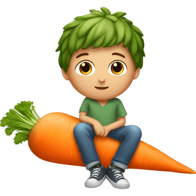 a boy seated on a carrot emoji