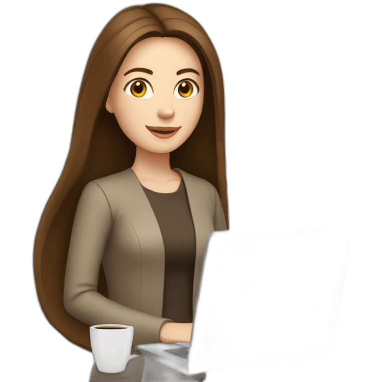 woman with long straight brown hair and pale skin using a laptop to carry coffee mug emoji