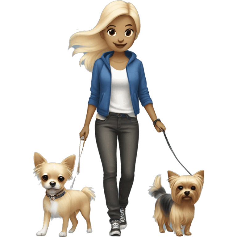 blonde hair blue eyed girl walking her chihuahua and yorkie emoji