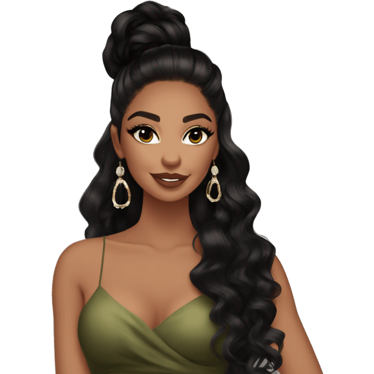 Glamorous, cocktail dress, black balayage hair, long wavy hair, olive skin, brown almond eyes, winged eyeliner with big lashes, wearing hooped earrings, rings and bracelets  emoji