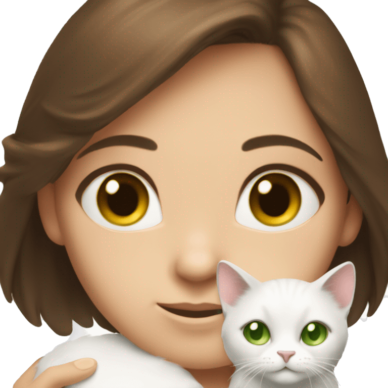 Brown-eyed brunette girl holds fluffy, white-spotted cat with green eyes in cuddle emoji