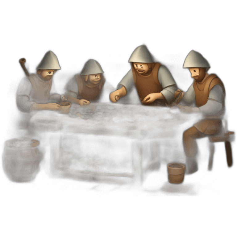 inside of a medieval mint showing different people working creating coins with a furnace emoji