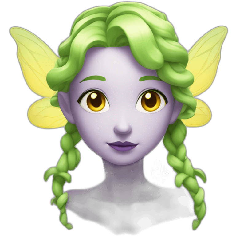 bust of a pale fairy with purple hair in a cascading braid and translucent yellow wings and green eyes emoji