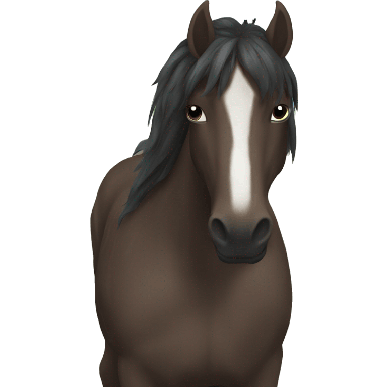 Dark Brown horse with dark brown mane and small white marking on head emoji