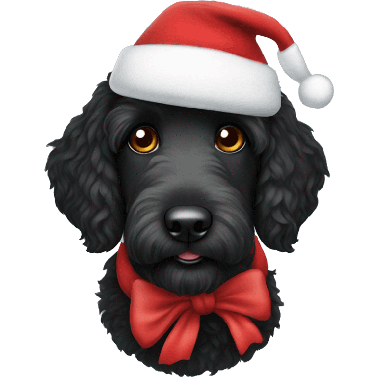 Black labradoodle wearing a Santa hat emoji