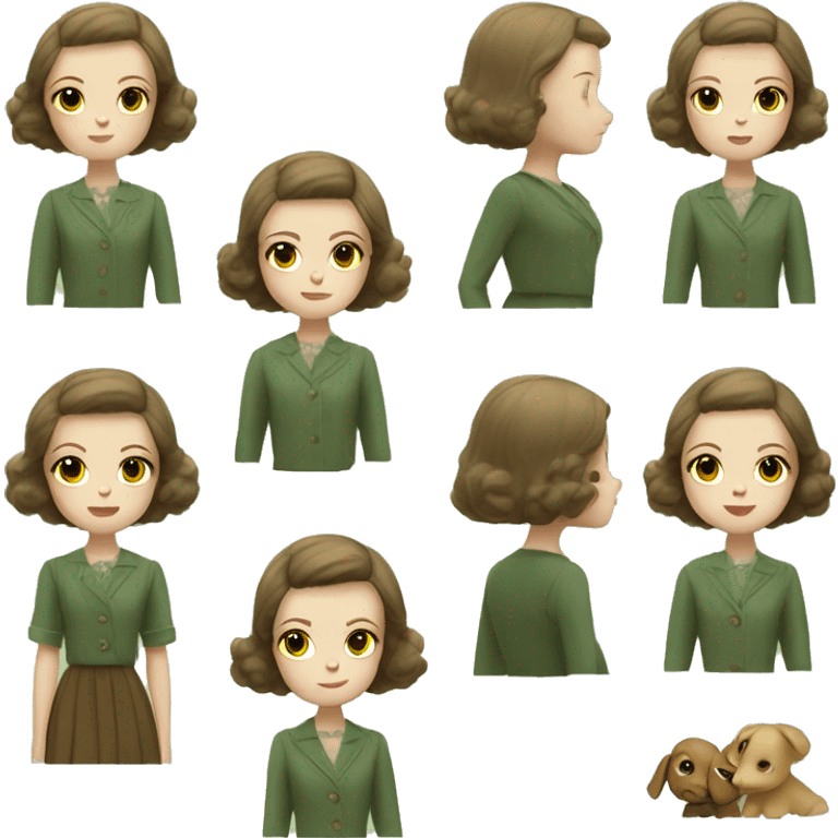 Very young girl with pale skin, straight brown, short hair, a brown 1940s dress with an earthy green cardigan emoji