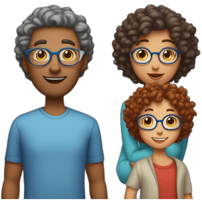 a family of four with father with grey hair mother with curly red hair and blue glasses son with brown hair and little daughter with curly brown hair emoji