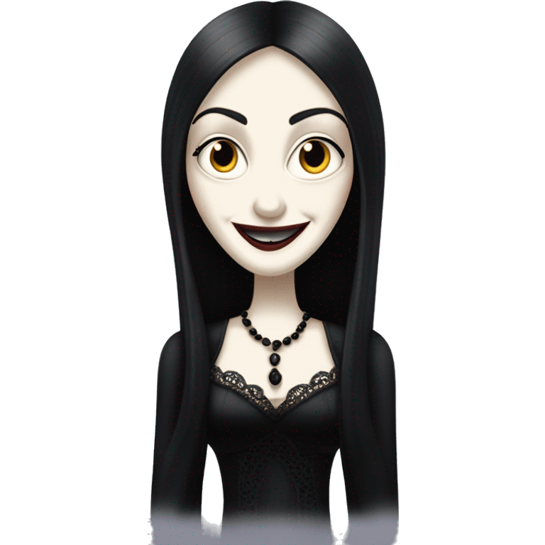 Morticia Addams at home. Smiling. Filmy nightgown . Very Pale-white porcelain skin.  emoji