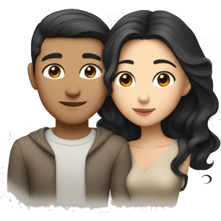 A half pale Asian man with short dark hair and amber eyes embracing and loving a half Asian woman with long wavy dark hair and dark hazel eyes. They love each other a lot And have good fashion taste. emoji