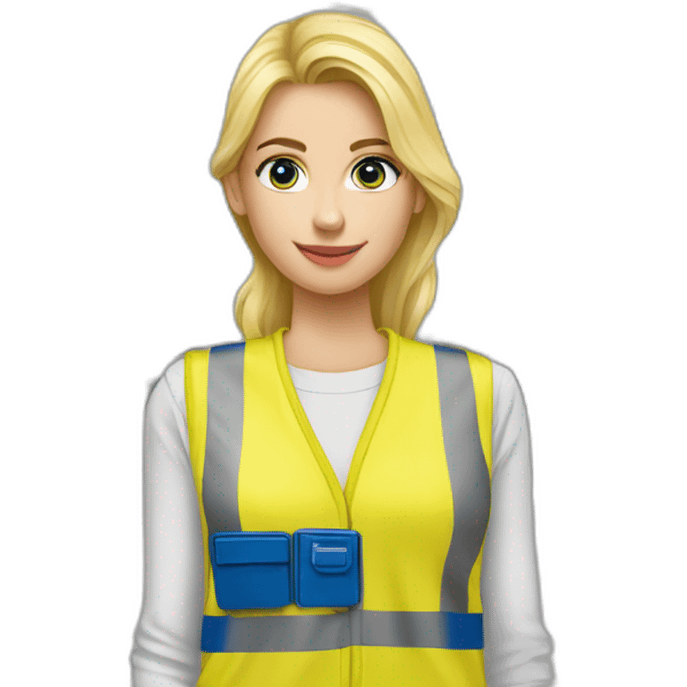 Ikea coworker blond woman blue stripes blue t-shirt and yellow security vest scanning palets emoji