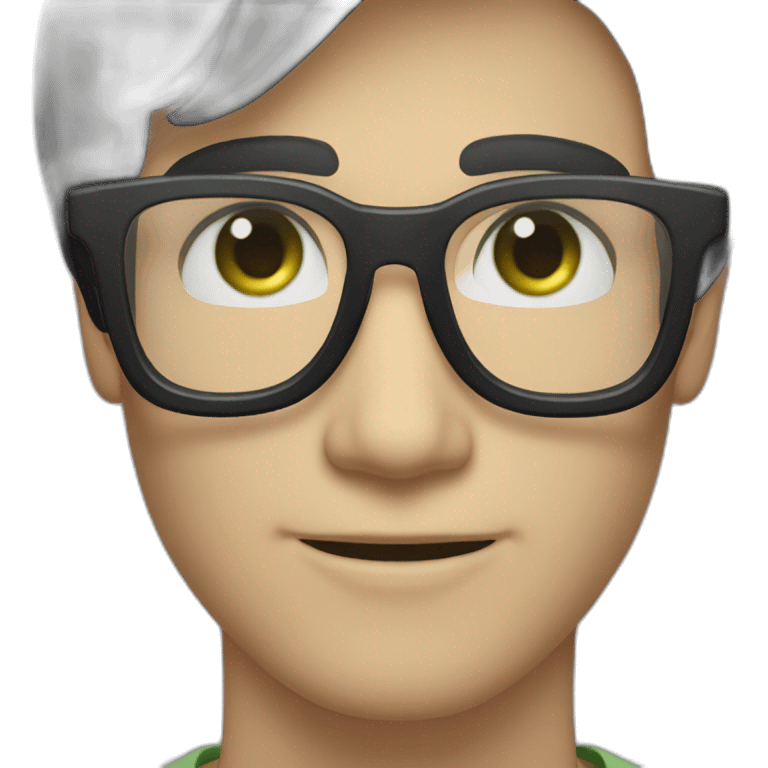 White man with clear glasses frames,swoopy black straight hair, blue-green eyes, smiling emoji