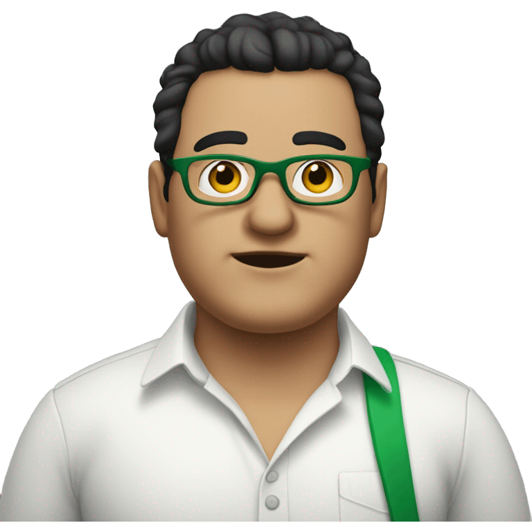 fat white man wearing green pants and white shirt with black hair and round glasses emoji