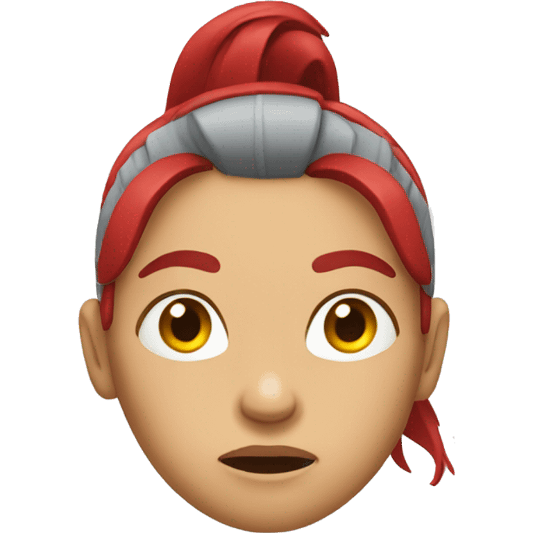 Woman with red ponytail looking at the camera in disgust emoji