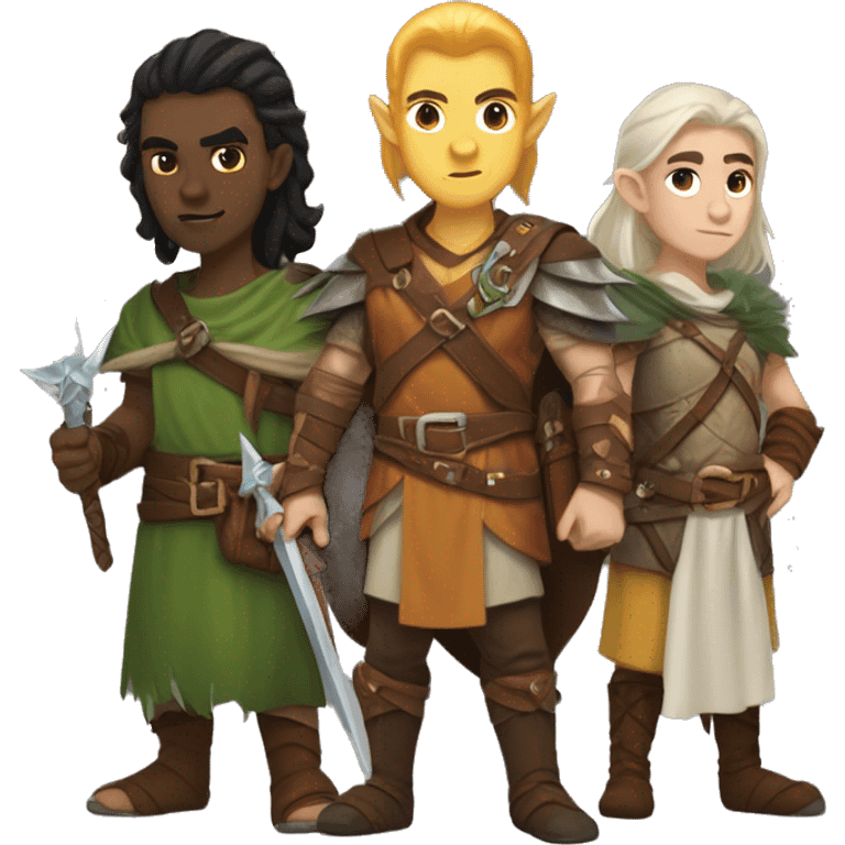 A dungeons and dragons team consisting of a Barbarian half elf, a half elf wizard, and a Druid half elf emoji