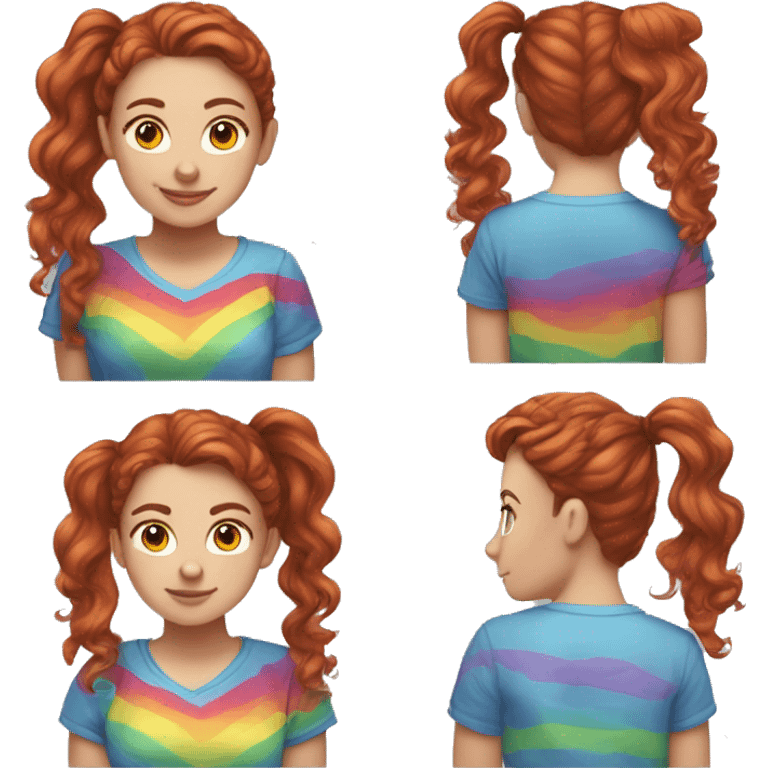 a white girl with long red curly hair in a pony tail with rainbow shirt being cute emoji