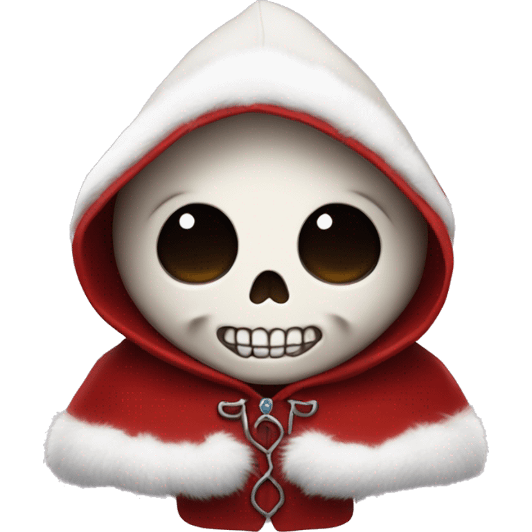 Cute, happy little skull wearing a red velvet hooded cloak with white fur trim. emoji