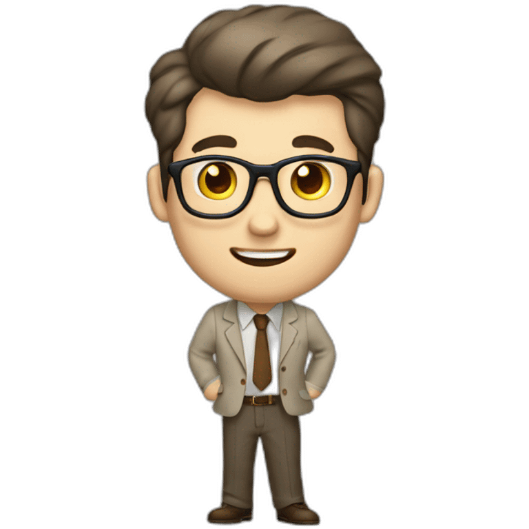 To belt Actively gesturing with hands Pale skinned fit man teacher with dark brown hair in gray jacket, beige office shirt, brown tie, brown pants and vintage glasses. emoji