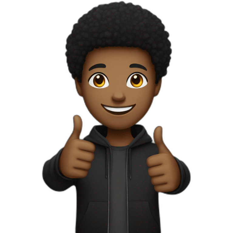 young afro-descendant man showing thumbs up with friendly face and a slightly trimmed afro haircut on the sides wearing black urban clothing and wearing a black cap emoji