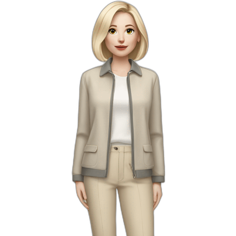 Full height pale skin woman with ash blonde Straightened bob Hair, White Spacious jacket, beige Arrow pants and gray blouse holding a color palette in the hands emoji