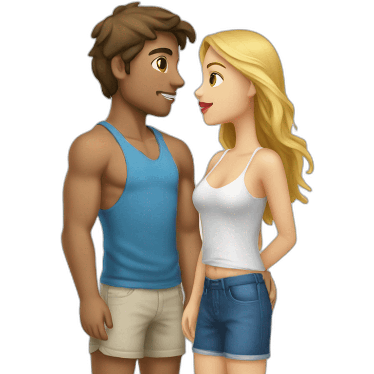 with beach clothes young metis man and white woman kiss love emoji