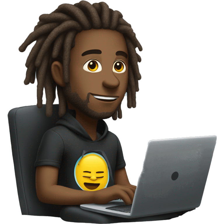 Black-guy-with-dreads-wearing-black-trackstuit-sitting-down-on-chair facing-foward-focused-on-laptop-computer- emoji