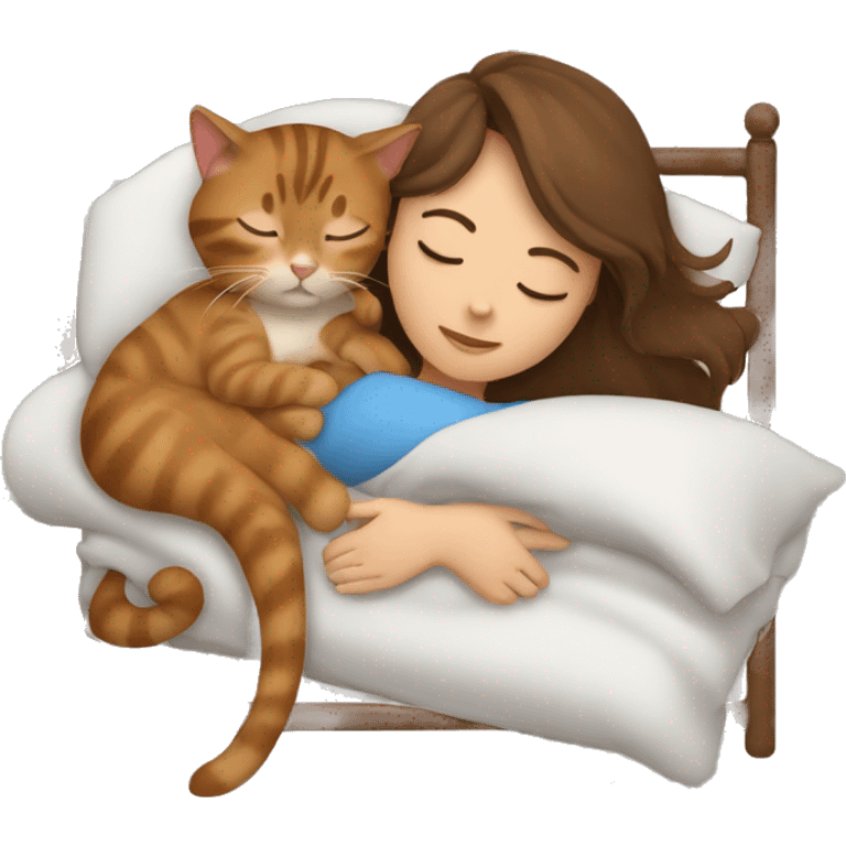 brown haired girl sleeping with tabby brown cat in bed emoji