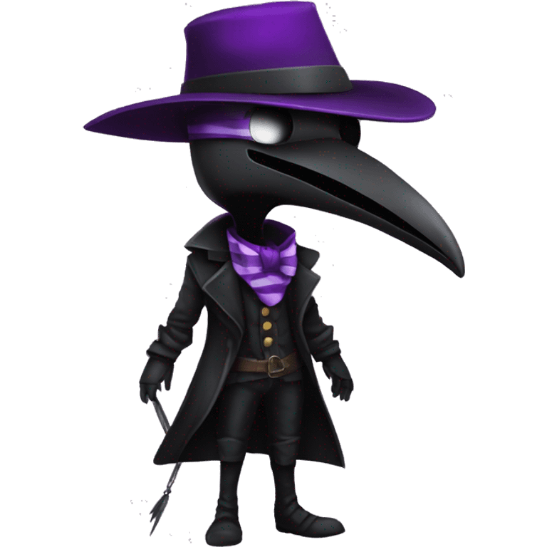 Plague doctor with bird shaped metal mask ,black fedora hat, purple striped vest, maroon shirt and Black gloves. emoji