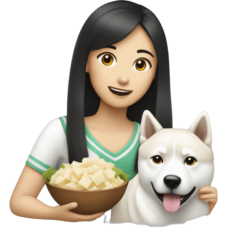 Asian girl with white Akita eating  emoji