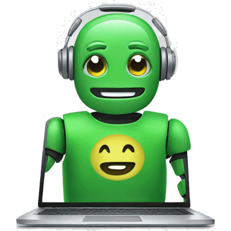 happy robot in laptop wearing green t-shirt emoji