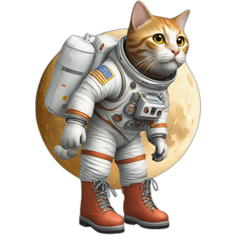 cat walking on moon with boots made of burgers emoji