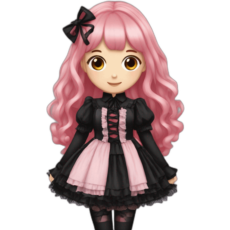 Gothic lolita pink and black, long hair, red hair and black hair, full body, Brown skins color emoji