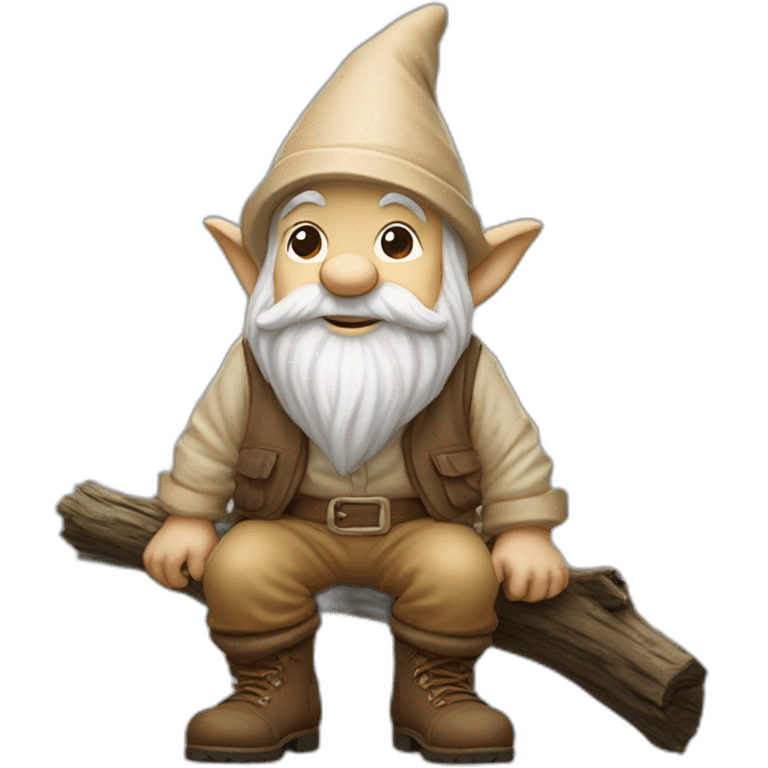 side view angle of gnome with light tan pants and light tan boots squatting on top of small brown log emoji