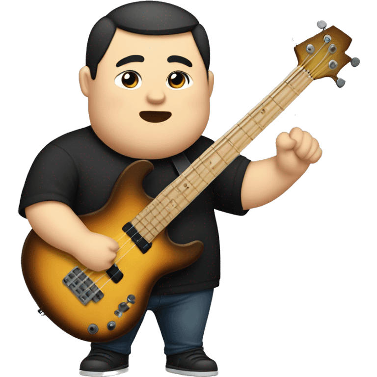 chubby chinese guy with fair skin, chinky eyes, man bun, black shirt and bass guitar emoji