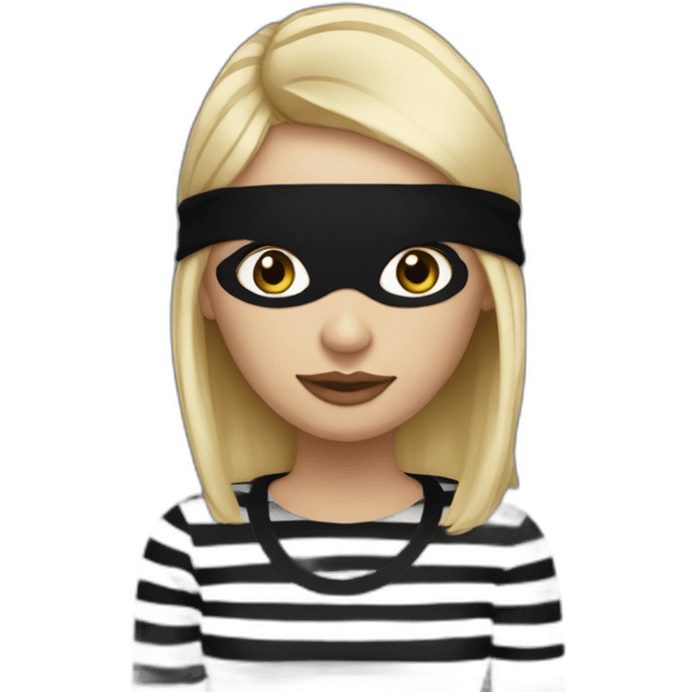 blonde woman in fully black beanie hat, black eye mask and striped shirt emoji