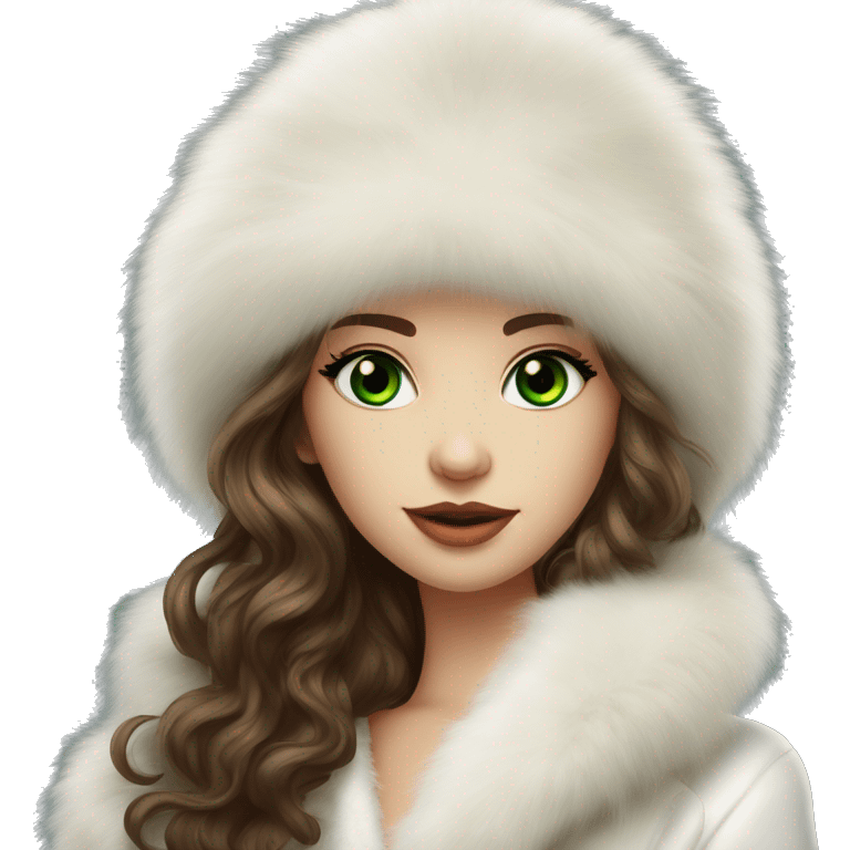 Beautiful Slavic green eyes girl with brown wavy long hair in a big white fur hat and white Mink fur coat emoji