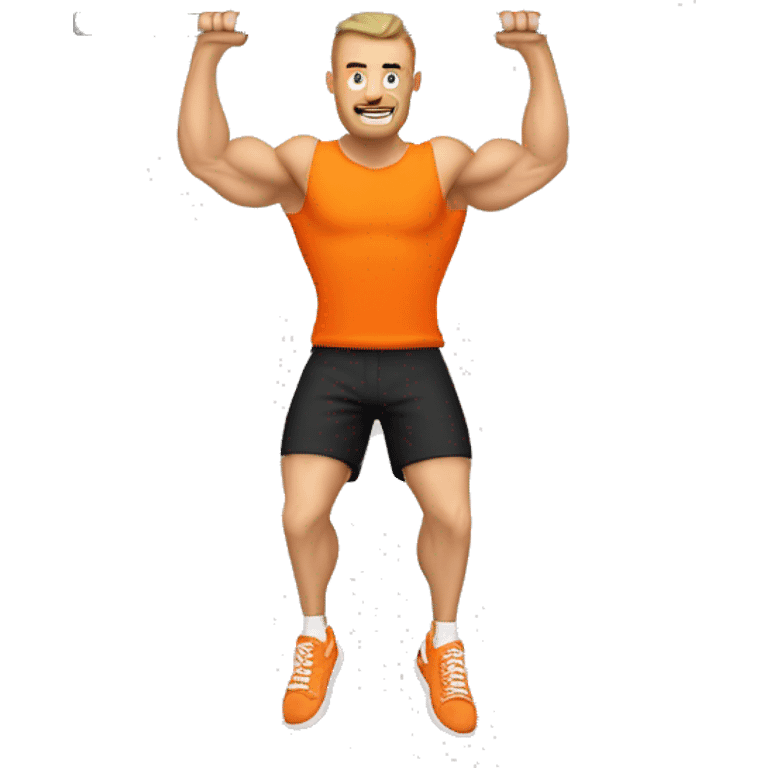 Muscular , bold , Caucasian man in orange t-shirt , black shorts and orange sneakers hanging with only right hand on pull-up bar emoji