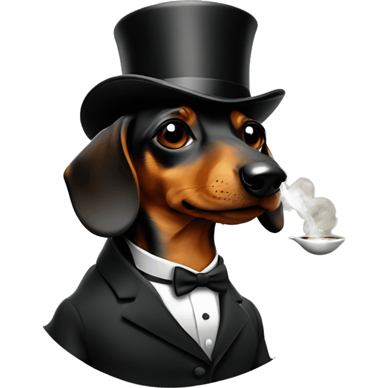 Daschund in a tuxedo smoking a pipe, wearing a monacle on one eye wearing a tophat emoji